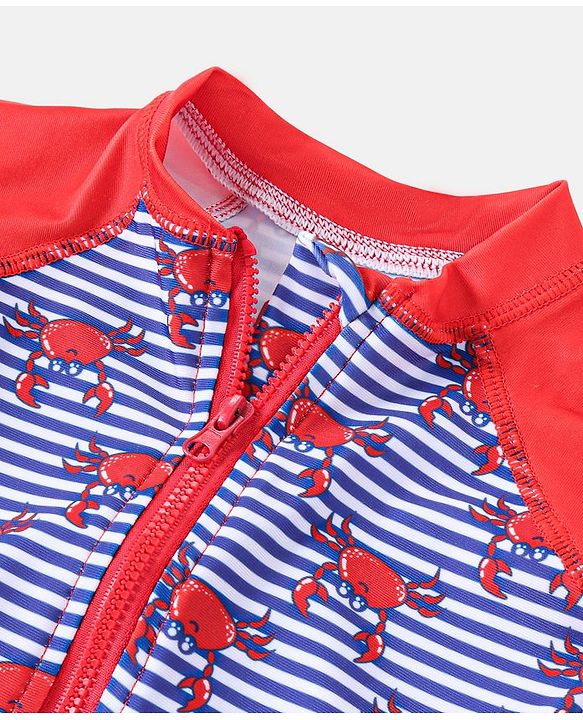 Babyhug Half Sleeves Legged Swimsuit Crabs Print - Blue & Red