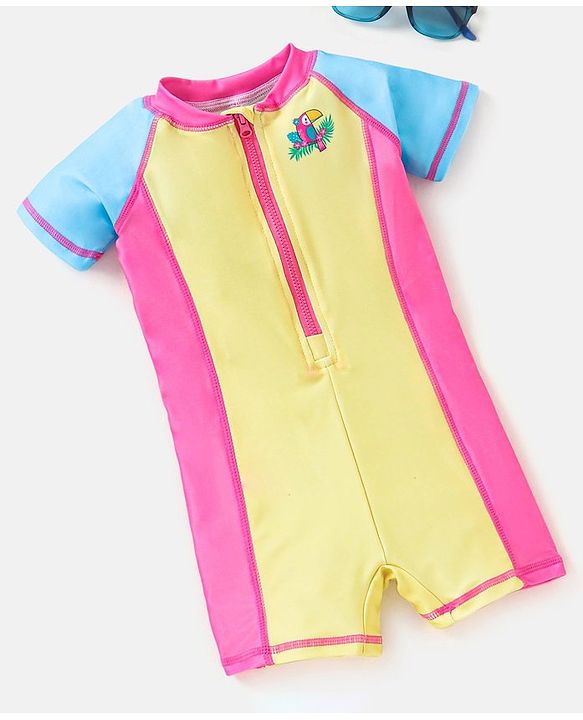 Babyhug Half Sleeves Legged Swimsuit Parrot Print - Pink & Yellow