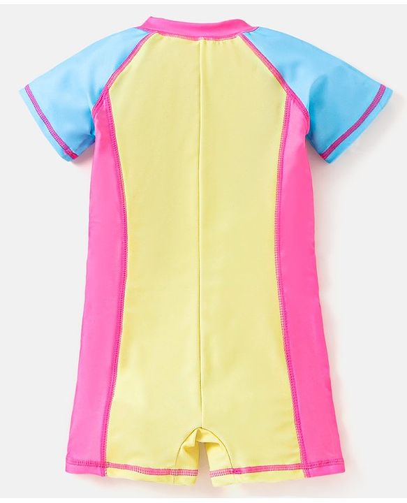 Babyhug Half Sleeves Legged Swimsuit Parrot Print - Pink & Yellow
