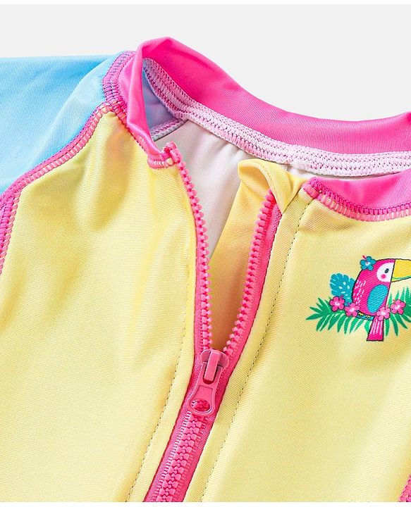 Babyhug Half Sleeves Legged Swimsuit Parrot Print - Pink & Yellow