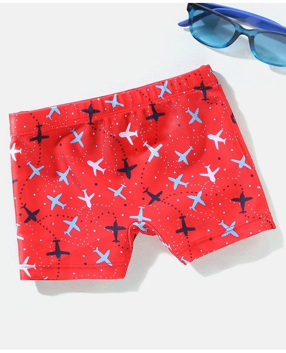 Babyhug Swimming Trunks Aeroplane Print - Red