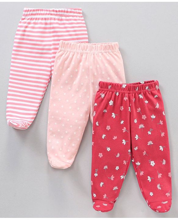 Babyhug 100% Cotton Full Length Bootie Legging Striped & Polka Dot Print Pack Of 3 - Red Pink