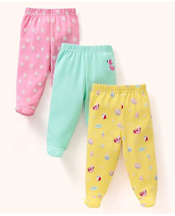 Babyhug Cotton Footed Bootie Leggings Floral Print Pack of 3 - Pink Yellow & Blue