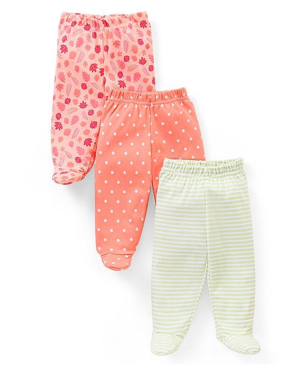Babyhug 100% Cotton Knit Bootie Leggings Striped & Leaves Print Pack of 3 - Peach Pink & Green