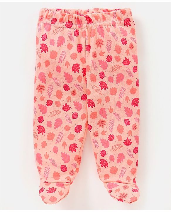 Babyhug 100% Cotton Knit Bootie Leggings Striped & Leaves Print Pack of 3 - Peach Pink & Green