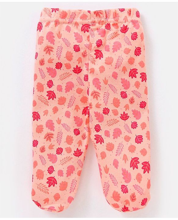Babyhug 100% Cotton Knit Bootie Leggings Striped & Leaves Print Pack of 3 - Peach Pink & Green