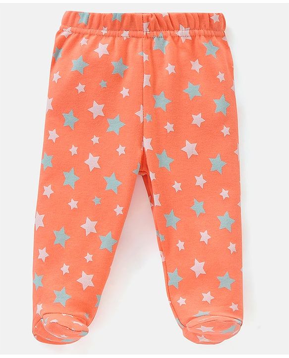 Babyhug Cotton Footed Bootie Leggings Striped & Stars Printed Pack of 3 - Orange & Blue