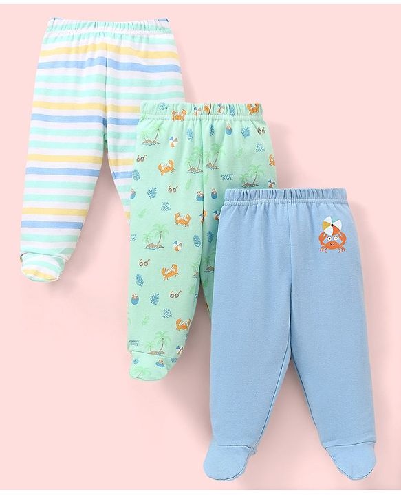 Babyhug Cotton Knit Footed Length Bootie Leggings Striped & Crabs Print Pack of 3 - Blue