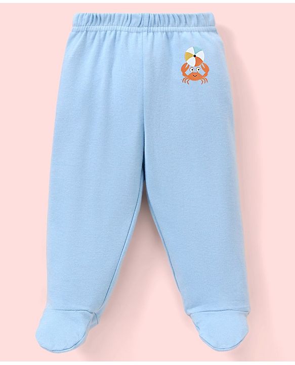 Babyhug Cotton Knit Footed Length Bootie Leggings Striped & Crabs Print Pack of 3 - Blue