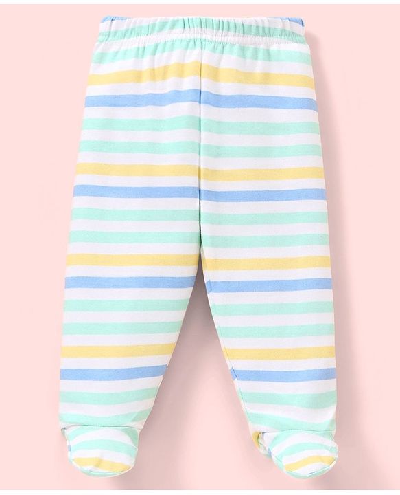 Babyhug Cotton Knit Footed Length Bootie Leggings Striped & Crabs Print Pack of 3 - Blue