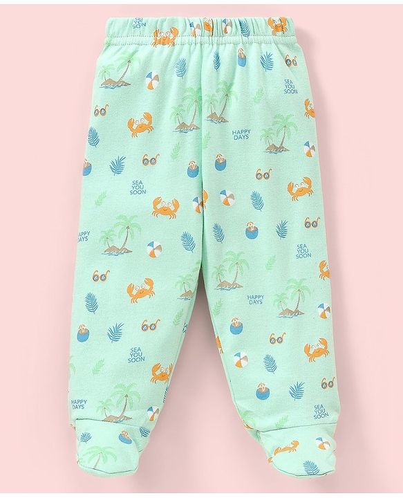 Babyhug Cotton Knit Footed Length Bootie Leggings Striped & Crabs Print Pack of 3 - Blue