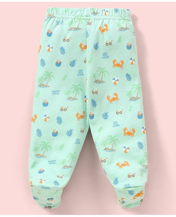 Babyhug Cotton Knit Footed Length Bootie Leggings Striped & Crabs Print Pack of 3 - Blue