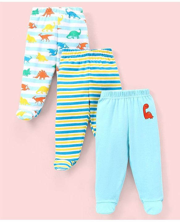 Babyhug Cotton Footed Bootie Leggings Striped & Dino Print Pack of 3 - Blue