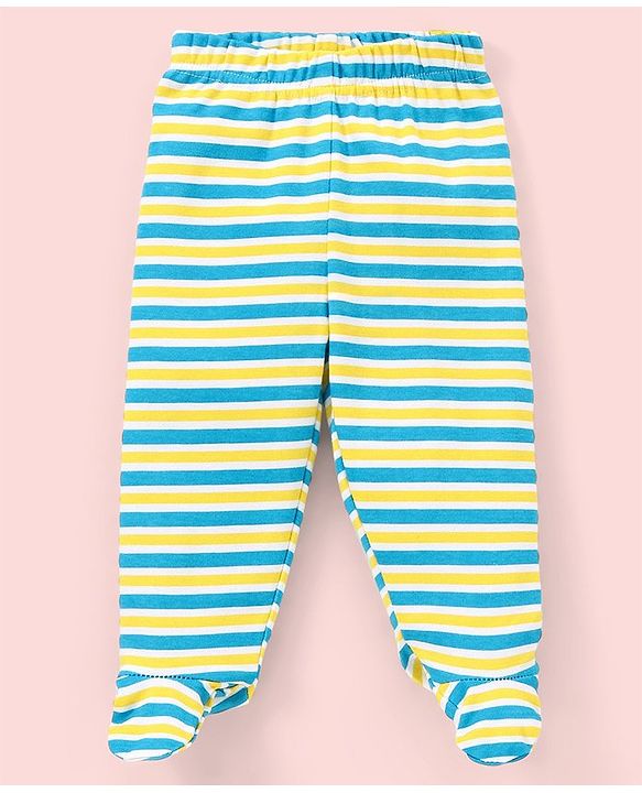 Babyhug Cotton Footed Bootie Leggings Striped & Dino Print Pack of 3 - Blue