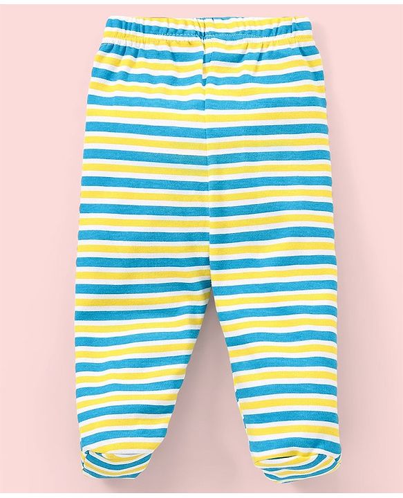 Babyhug Cotton Footed Bootie Leggings Striped & Dino Print Pack of 3 - Blue