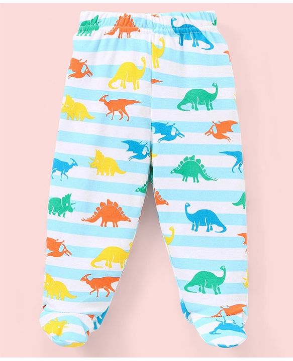 Babyhug Cotton Footed Bootie Leggings Striped & Dino Print Pack of 3 - Blue
