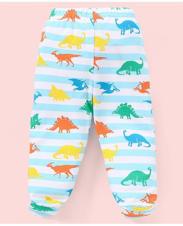 Babyhug Cotton Footed Bootie Leggings Striped & Dino Print Pack of 3 - Blue
