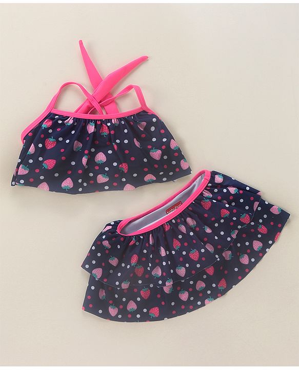 Babyhug Sleeveless 2 Piece Swimsuit Strawberry Print - Navy Blue