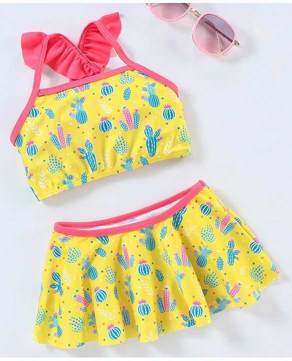 Babyhug Sleeveless 2 Piece Swimsuit Cactus Print - Yellow