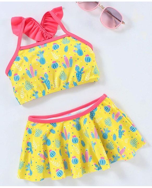 Babyhug Sleeveless 2 Piece Swimsuit Cactus Print - Yellow