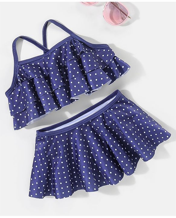 Babyhug Sleeveless 2 Piece Swimsuit Polka Dot Print - Navy Blue