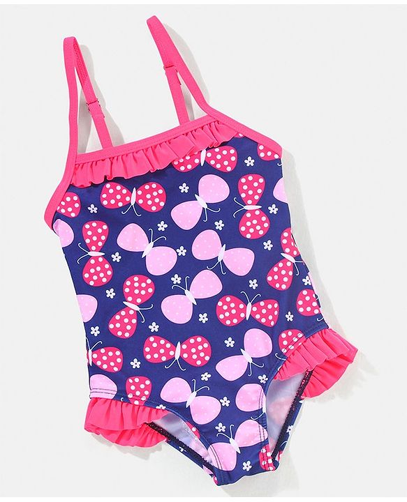 Babyhug Sleeveless V Cut Swimsuit Butterfly Print - Navy Blue & Pink