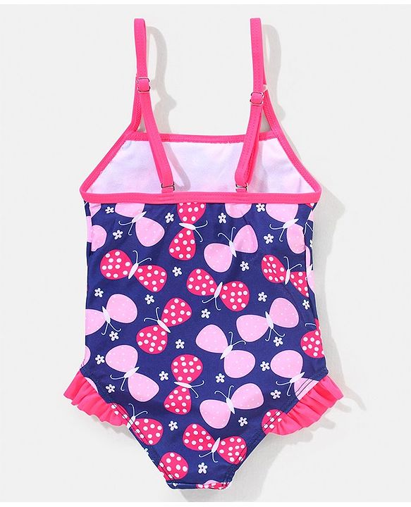 Babyhug Sleeveless V Cut Swimsuit Butterfly Print - Navy Blue & Pink