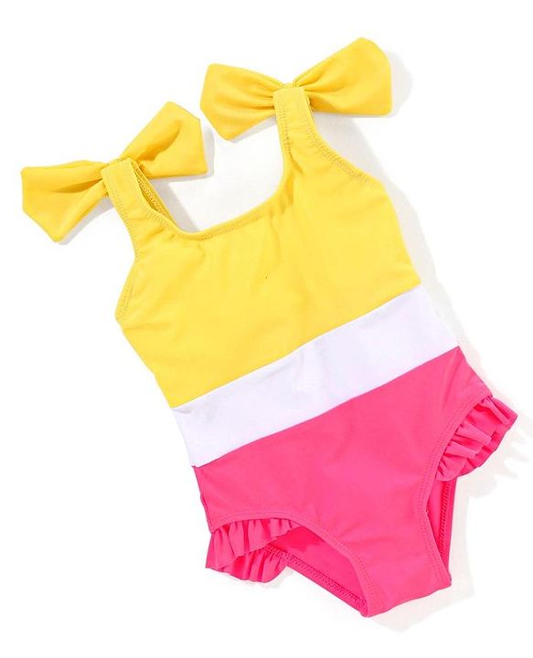 Babyhug Sleeveless V Cut Swimsuit Color Block Print- Yellow & Pink