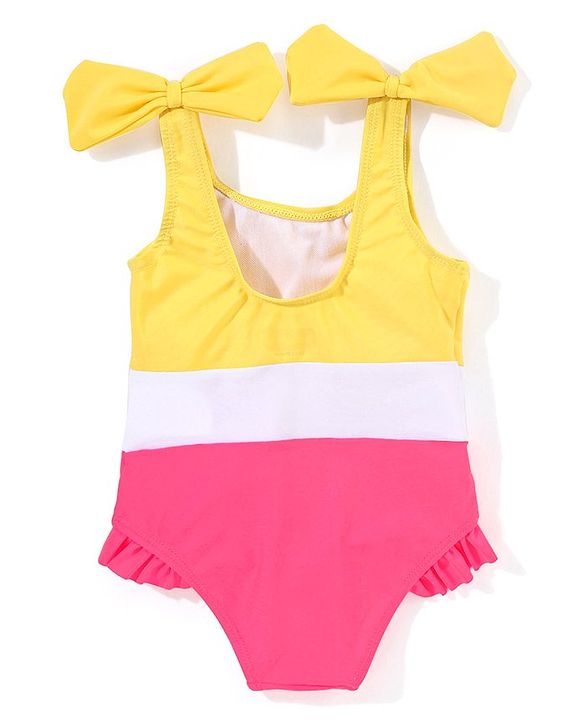 Babyhug Sleeveless V Cut Swimsuit Color Block Print- Yellow & Pink