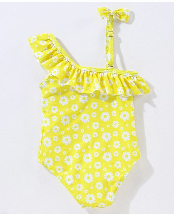 Babyhug Sleeveless V Cut Swimsuit Flower Print - Yellow