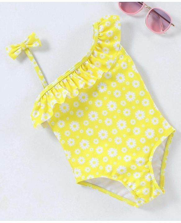 Babyhug Sleeveless V Cut Swimsuit Flower Print - Yellow