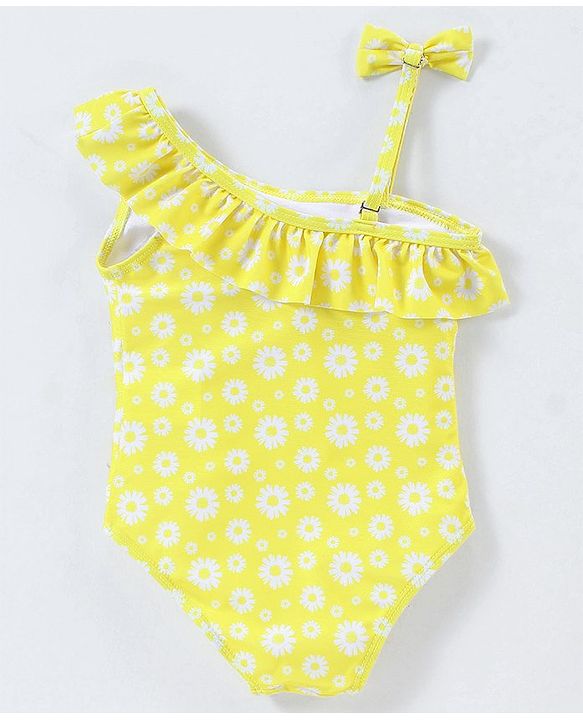Babyhug Sleeveless V Cut Swimsuit Flower Print - Yellow