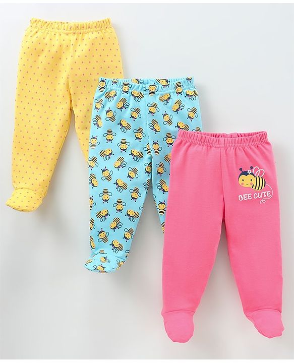 Babyhug Cotton Knit Footed Length Bootie Leggings Bees Print Pack of 3 - Multicolour