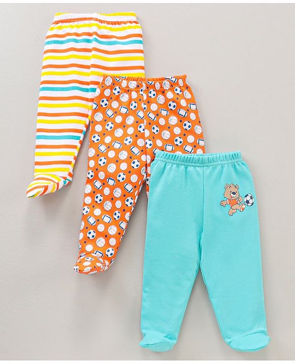 Babyhug Cotton Knit Footed Length Bootie Leggings Football Print Pack of 3 - Multicolour
