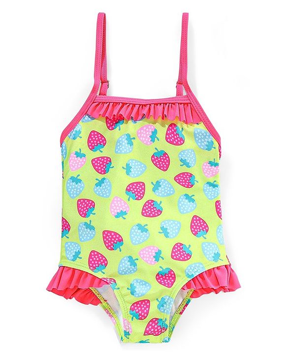 Babyhug Sleeveless V Cut Swimsuit Strawberry Print- Green & Pink