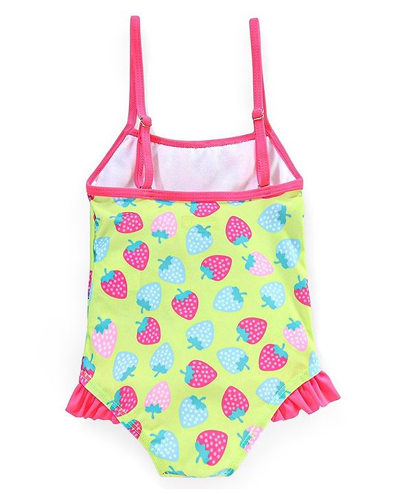 Babyhug Sleeveless V Cut Swimsuit Strawberry Print- Green & Pink