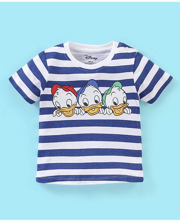 Babyhug Cotton Knit Half Sleeves T-Shirt Donald Duck Print - Blue & White