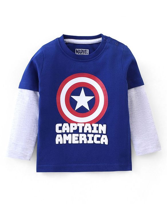 Babyhug Cotton Knit Full Sleeves T-Shirt Captain America Print - Blue