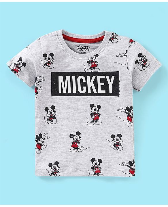 Babyhug Cotton Knit Half Sleeves T-Shirt Mickey Mouse Print- Grey