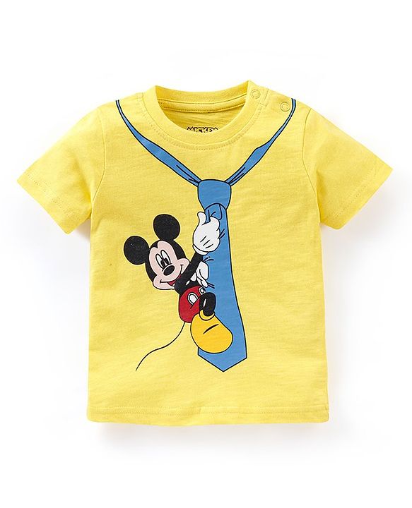 Babyhug Cotton Knit Half Sleeves T-Shirt Mickey Mouse and Friends Print- Yellow