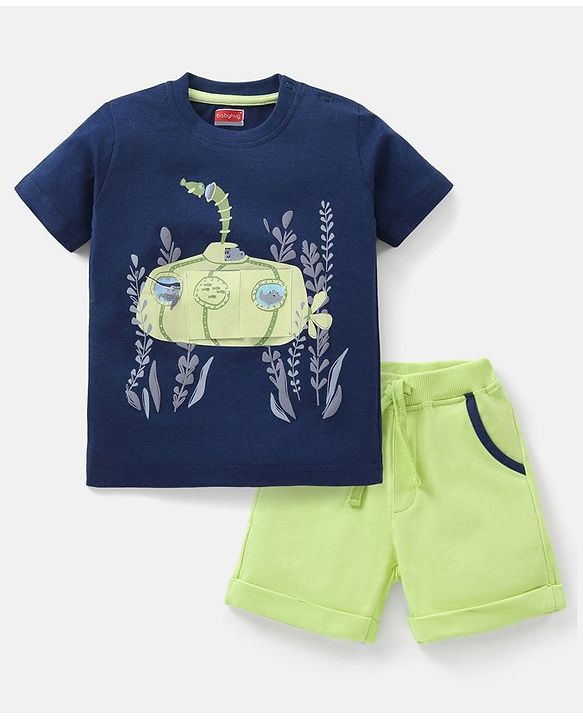 Babyhug 100% Cotton Knit Half Sleeves T-Shirt & Shorts Submarine Print - Navy Blue & Light Green