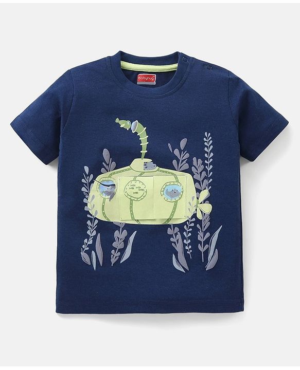 Babyhug 100% Cotton Knit Half Sleeves T-Shirt & Shorts Submarine Print - Navy Blue & Light Green