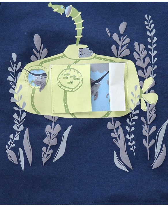 Babyhug 100% Cotton Knit Half Sleeves T-Shirt & Shorts Submarine Print - Navy Blue & Light Green