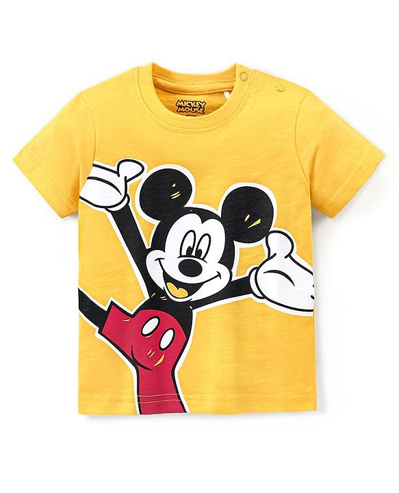 Babyhug Cotton Knit Half Sleeves T-Shirt Disney Mickey Print - Yellow