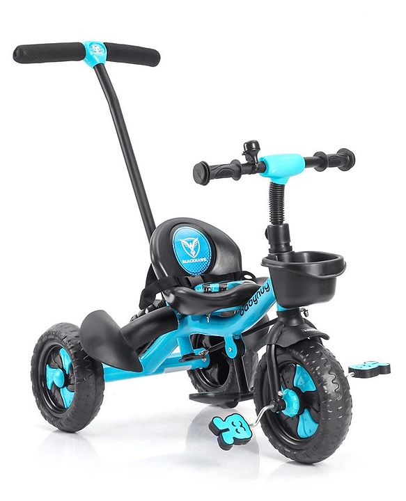 Babyhug Plug & Play Black Hawk Tricycle With Parental Push Handle & Storage Basket - Ice Blue