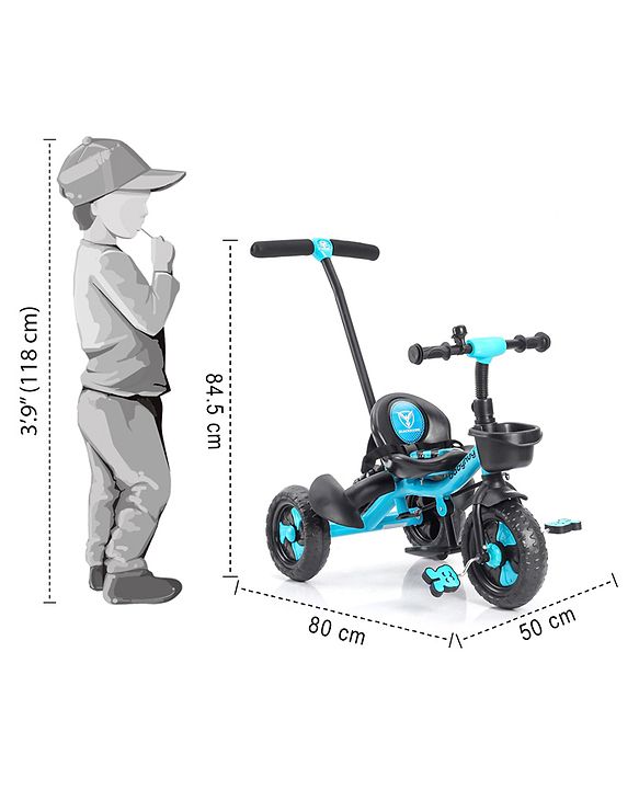 Babyhug Plug & Play Black Hawk Tricycle With Parental Push Handle & Storage Basket - Ice Blue