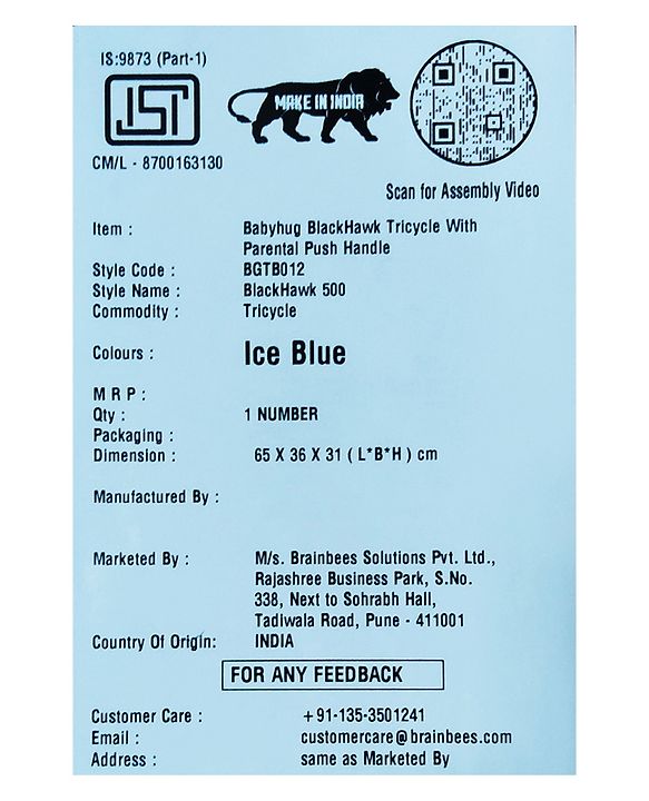 Babyhug Plug & Play Black Hawk Tricycle With Parental Push Handle & Storage Basket - Ice Blue