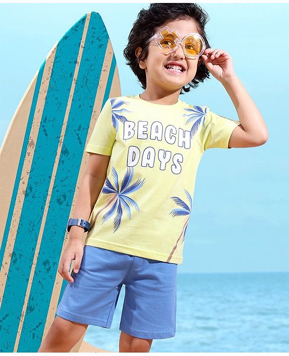Babyhug Cotton Knit Half Sleeves T-Shirt & Short Set Beach Print - Green & Blue