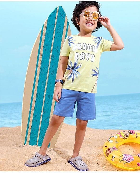 Babyhug Cotton Knit Half Sleeves T-Shirt & Short Set Beach Print - Green & Blue