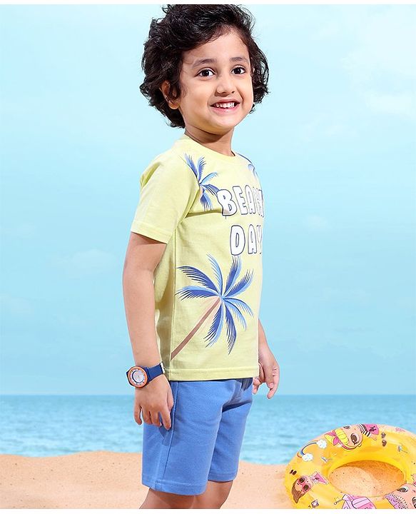 Babyhug Cotton Knit Half Sleeves T-Shirt & Short Set Beach Print - Green & Blue